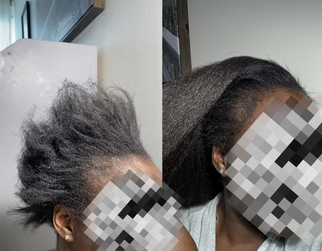 Before and after — natural hair transformed into long sleek straight hair